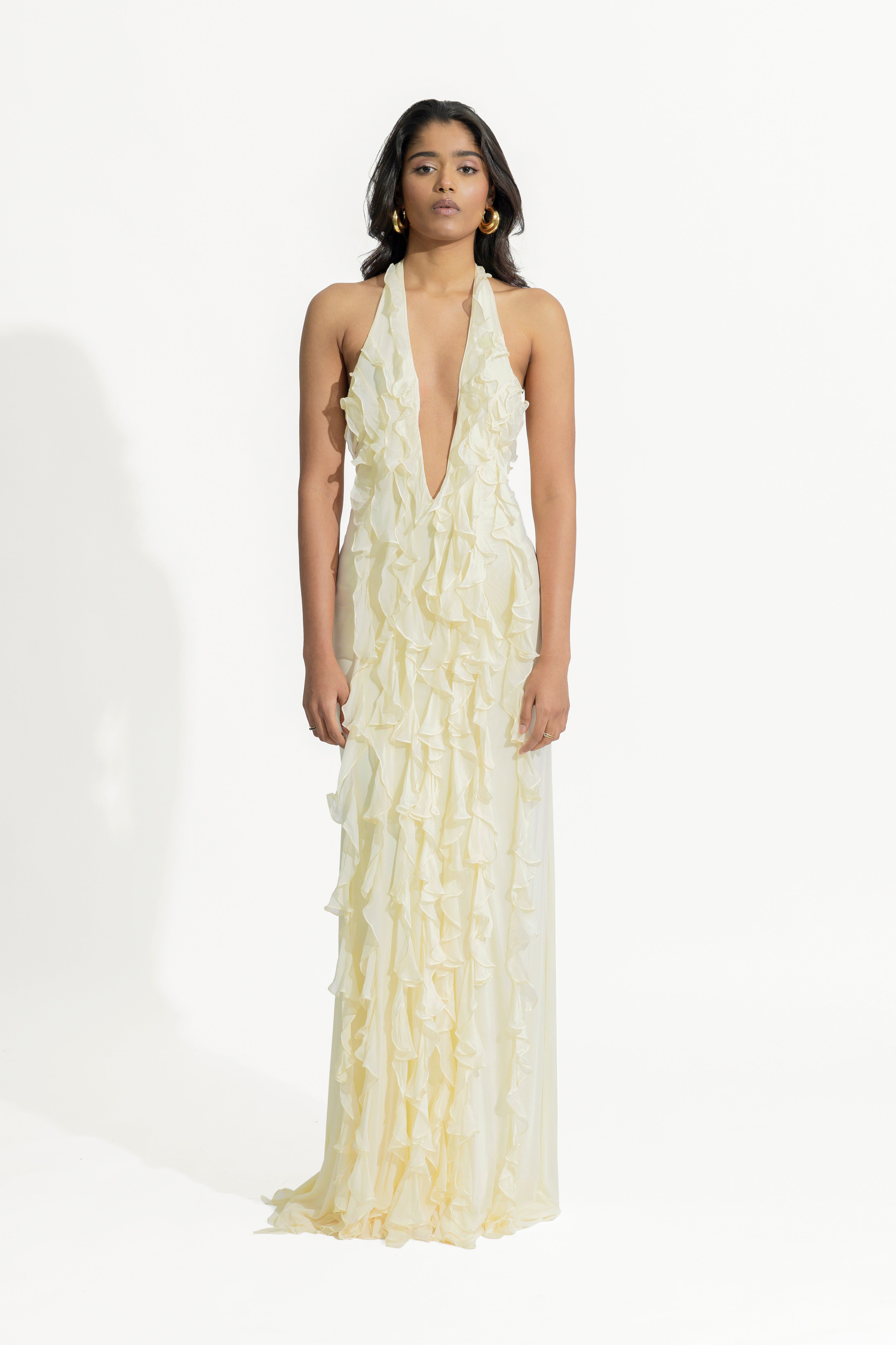 BY GABRIELLA ~ Ela Deep V-Neck Halter Gown